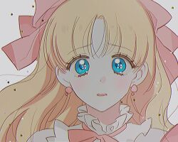 Rule 34 | 1girl, ashita no nadja, blonde hair, blue eyes, close-up, collar, commentary, dress, earrings, frilled collar, frills, hair ribbon, highres, jewelry, long hair, looking at viewer, nadja applefield, neck ribbon, pink dress, pink ribbon, ribbon, simple background, solo, symbol-only commentary, white background, yoursincere