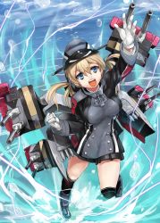 Rule 34 | 10s, 1girl, anchor hair ornament, arm up, black skirt, black thighhighs, blonde hair, blue eyes, blue hair, blue sky, boots, clenched hand, cross, gloves, hair ornament, hat, iron cross, kantai collection, leg up, long hair, machinery, magu (mugsfc), matching hair/eyes, md5 mismatch, microskirt, military, military hat, military uniform, ocean, open mouth, peaked cap, pleated skirt, prinz eugen (kancolle), resolution mismatch, skirt, sky, smile, solo, source smaller, thighhighs, twintails, uniform, water, white gloves