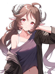 Rule 34 | 1girl, absurdres, ahoge, alternate costume, animal ears, arknights, arm up, black jacket, black shirt, blue komett, blush, brown hair, casual, closed mouth, commentary, english commentary, eyjafjalla (arknights), highres, horns, jacket, long hair, looking at viewer, low twintails, midriff peek, navel, pink eyes, sheep ears, sheep girl, sheep horns, shirt, signature, simple background, single off shoulder, solo, twintails, upper body, white background