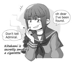 +++ 1girl alternate_language blunt_bangs braid cigarette commentary english_commentary english_text greyscale hair_over_shoulder holding holding_cigarette kantai_collection kitakami_(kancolle) kitakami_kai_(kancolle) long_hair long_sleeves looking_at_viewer monochrome neckerchief open_mouth sailor_collar school_uniform serafuku shin_(shin_k009) sidelocks simple_background single_braid smoke smoking solo upper_body