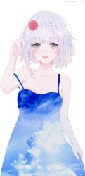 Rule 34 | 1girl, :d, absurdres, alternate costume, bare shoulders, blue dress, blunt bangs, braid, breasts, casual, cleavage, cloud, collarbone, commentary request, contemporary, double exposure, dress, flower, genshin impact, green eyes, hair flower, hair ornament, highres, looking at viewer, noelle (genshin impact), open mouth, red flower, red rose, rose, short hair, sidelocks, silver hair, simple background, single braid, smile, solo, spaghetti strap, swkl:d, white background
