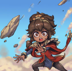 Rule 34 | 1girl, brown eyes, brown hair, brown pantyhose, dark-skinned female, dark skin, dust, floating, floating object, freckles, hair ornament, league of legends, long hair, long sleeves, open mouth, outdoors, pantyhose, phantom ix row, rock, solo, standing, taliyah, the call (league of legends)