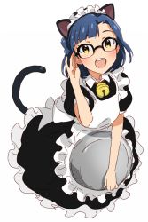 Rule 34 | 10s, 1girl, adjusting eyewear, alternate costume, animal ears, asymmetrical bangs, bespectacled, blue hair, blush, cat ears, cat tail, dani-ikapi, enmaided, glasses, idolmaster, idolmaster million live!, looking at viewer, maid, nanao yuriko, open mouth, short hair, simple background, smile, solo, tail, teeth, tray, upper teeth only, white background, yellow eyes