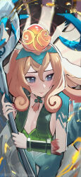 Rule 34 | 1girl, 3:, absurdres, animal ears, averting eyes, blonde hair, blue eyes, bracer, breasts, centaur, cleavage, closed mouth, curly hair, deer ears, fingernails, hair between eyes, highres, holding, holding staff, league of legends, lillia (league of legends), long hair, medium breasts, nail polish, red nails, reiko lape, shan hai scrolls lillia, solo, staff, taur