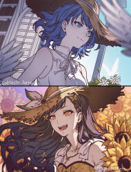 Rule 34 | 2girls, akazu kieshi, bare shoulders, bird, black hair, blue eyes, blue hair, blue sky, blurry, breasts, butterfly hair ornament, camisole, closed mouth, collarbone, commentary, depth of field, drop earrings, earrings, flower, flower necklace, hair ornament, hairclip, hat, highres, jewelry, kiritani haruka, long hair, looking to the side, multiple girls, neck ribbon, necklace, open mouth, project sekai, ribbon, shiraishi an, shirt, short hair, sky, sleeveless, sleeveless shirt, small breasts, smile, straw hat, sun hat, sunflower, teeth, tongue, twitter username, upper body, wavy hair, white bird, white flower, white ribbon, yellow camisole, yellow eyes, yellow headwear