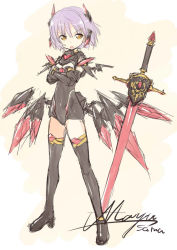 Rule 34 | 10s, 1girl, bad id, bad pixiv id, black thighhighs, busou shinki, crossed arms, kanna ryouto, light purple hair, open mouth, purple hair, sketch, solo, sword, thighhighs, weapon, yellow eyes, zilvern