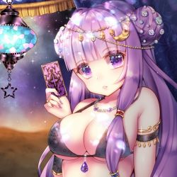 Rule 34 | 1girl, armlet, bare shoulders, bikini, black bikini, blunt bangs, breasts, card, collarbone, commentary request, curtains, double bun, gem, hair bun, hair intakes, hand up, head tilt, headpiece, highres, holding, holding card, jewelry, large breasts, long hair, looking at viewer, momoyama riyo, nail polish, necklace, no headwear, parted lips, patchouli knowledge, purple nails, ring, single sidelock, solo, star (symbol), swimsuit, touhou, upper body