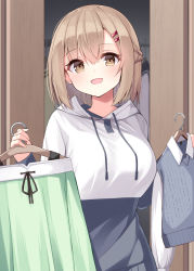 Rule 34 | 1girl, blurry, blurry background, braid, breasts, brown eyes, brown hair, childhood friend (ominaeshi), clothes hanger, drawstring, fitting room, french braid, hair between eyes, hair ornament, hairclip, highres, holding, holding clothes, hood, hoodie, indoors, large breasts, light blush, long sleeves, looking at viewer, medium hair, ominaeshi (takenoko), open mouth, original, smile, solo, tareme, two-tone hoodie, upper body