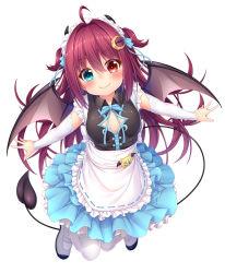 Rule 34 | 1girl, absurdres, apron, aqua eyes, bat hair ornament, black shirt, blue skirt, breasts, brown wings, closed mouth, commentary request, crescent, crescent hair ornament, demon girl, demon horns, demon tail, demon wings, detached sleeves, fang, fang out, frilled apron, frilled skirt, frills, full body, hair ornament, heart, heart in eye, heterochromia, highres, horns, long hair, long sleeves, maid headdress, nijisanji, pantyhose, pleated skirt, red eyes, red hair, ribbon-trimmed apron, ribbon trim, shirt, shoes, simple background, skirt, small breasts, smile, solo, symbol in eye, tail, two side up, uwabaki, very long hair, virtual youtuber, waist apron, wakagi repa, white apron, white background, white footwear, white pantyhose, white sleeves, wings, yuzuki roa