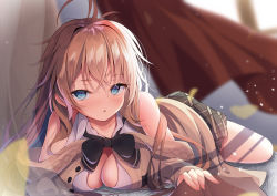 Rule 34 | 1girl, :o, ahoge, azur lane, bare shoulders, black bow, black bowtie, blue eyes, bow, bowtie, breasts, brown hair, cardigan, center opening, collared shirt, commentary request, grabbing, highres, impero (azur lane), impero (languid librarian) (azur lane), indoors, legs, long hair, looking at viewer, madotsukumo, medium breasts, miniskirt, official alternate costume, on floor, plaid, plaid skirt, shirt, skirt, sleeveless, sleeveless shirt, solo, very long hair, white shirt