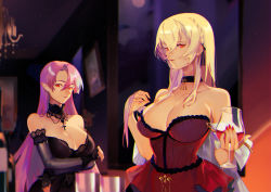 Rule 34 | 2girls, azur lane, bare shoulders, black dress, blonde hair, breasts, cocktail glass, cup, cupping glass, detached collar, detached sleeves, dress, drinking glass, duke of york (azur lane), duke of york (eternal night&#039;s carola) (azur lane), evening gown, full moon, highres, indoors, king george v (azur lane), king george v (rose&#039;s regalia) (azur lane), lace-trimmed sleeves, lace trim, large breasts, long hair, looking at viewer, moon, multiple girls, nail polish, official alternate costume, pink hair, red dress, red eyes, red nails, ribbon braid, sleeveless, sleeveless dress, strapless, strapless dress, uyuyuun, wine glass