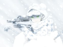 Rule 34 | 1girl, backpack, bag, camouflage, closed mouth, commentary request, gloves, green eyes, green hair, grey gloves, gun, holding, holding gun, holding weapon, hood, hood up, hooded jacket, jacket, long sleeves, mizuhashi parsee, pole, scarf, shirosato, snow, snow on head, snowing, snowstorm, solo, touhou, weapon, weapon request, white gloves, white jacket, white scarf, white theme