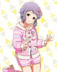 Rule 34 | 1girl, bow, card (medium), fur trim, hair bow, idolmaster, idolmaster million live!, idolmaster million live! theater days, makabe mizuki, official art, open mouth, pajamas, pink pajamas, purple hair, solo, striped clothes, yellow eyes