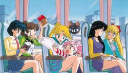 Rule 34 | 1990s (style), 6+girls, aino minako, arm up, bishoujo senshi sailor moon, bishoujo senshi sailor moon r, black eyes, black hair, blonde hair, blue eyes, blue skirt, book, brown eyes, brown hair, casual, chibi usa, choker, cone hair bun, day, double bun, earrings, eating, feet out of frame, food, hair bobbles, hair bun, hair ornament, hand on another&#039;s knee, high ponytail, highres, hino rei, holding, holding book, holding food, indoors, jewelry, kino makoto, long hair, long sleeves, looking at another, miniskirt, mizuno ami, mouth hold, multiple girls, non-web source, official art, on chair, open book, pink hair, pleated skirt, profile, reaching, reading, retro artstyle, short hair, sitting, skirt, smile, striped clothes, striped skirt, stud earrings, teeth, toei animation, train interior, tsukino usagi, twintails, upper teeth only