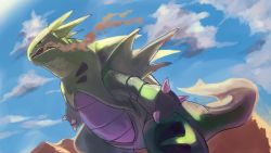 Rule 34 | absurdres, claws, cloud, commentary request, creatures (company), day, desert, from below, game freak, gen 2 pokemon, highres, nintendo, no humans, open mouth, outdoors, pecohophop, pokemon, pokemon (creature), sharp teeth, sky, solo, standing, teeth, tyranitar