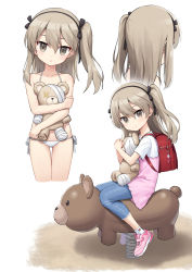Rule 34 | 1girl, :o, backpack, bag, bandages, bare arms, bare shoulders, bikini, black bow, black hairband, blue pants, blush, boko (girls und panzer), bow, brown eyes, brown hair, camisole, camisole over clothes, capri pants, closed mouth, collarbone, commentary request, cropped legs, girls und panzer, gluteal fold, hair between eyes, hair bow, hairband, halterneck, heijialan, highres, long hair, looking at viewer, multiple views, hugging object, one side up, pants, parted lips, pink camisole, pink footwear, randoseru, shimada arisu, shirt, shoes, short sleeves, side-tie bikini bottom, simple background, smile, socks, spring rider, stuffed animal, stuffed toy, swimsuit, teddy bear, thigh gap, white background, white bikini, white legwear, white shirt