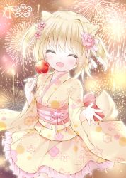 Rule 34 | 1girl, animal ears, blonde hair, closed eyes, commentary request, cowboy shot, dog ears, dog girl, dog tail, fireworks, flower, frilled kimono, frills, hair flower, hair ornament, highres, japanese clothes, kimono, lace trim, moco ofuton, obi, open mouth, original, pink ribbon, red ribbon, ribbon, sash, smile, solo, tail, twintails, yellow kimono, yukata