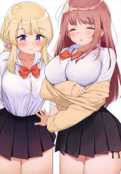 Rule 34 | 2girls, :&gt;, :o, absurdres, arm behind back, black skirt, blonde hair, blush, bow, bowtie, bra visible through clothes, breasts, brown hair, button gap, closed eyes, collar, hair bobbles, hair ornament, highres, kaisen chuui, large breasts, long hair, long sleeves, miniskirt, multiple girls, non-web source, original, panties, parted lips, pleated skirt, red bow, red neckwear, shirt, side-tie panties, side-tie peek, sidelocks, simple background, skirt, skirt rolled up, underwear, undressing, very long hair, white background, white shirt, wing collar