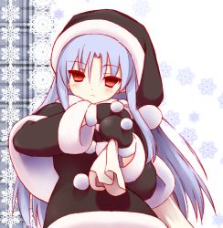 Rule 34 | 00s, 1girl, bad id, bad pixiv id, black santa costume, blue hair, blush, capelet, hat, len (tsukihime), long hair, melty blood, mittens, pointy ears, red eyes, sack, santa costume, santa hat, shaka-san, solo, tsukihime