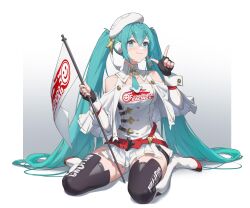 Rule 34 | 1girl, black gloves, black thighhighs, blue eyes, blue hair, blue necktie, boots, braid, capelet, chinese commentary, closed mouth, clothing cutout, collarbone, commentary, fingerless gloves, full body, gloves, goodsmile racing, hair between eyes, hatsune miku, highres, holding, index finger raised, knee boots, long hair, meinoss, miniskirt, necktie, pleated skirt, racing miku, racing miku (2023), short necktie, shoulder cutout, sitting, skirt, smile, solo, thighhighs, twintails, very long hair, vocaloid, wariza, white capelet, white footwear, white headwear, white skirt