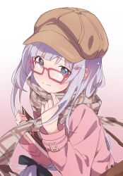 Rule 34 | 1girl, bag, blue eyes, blue hair, blush, book, brown hat, brown scarf, cabbie hat, closed mouth, glasses, gradient background, hair ornament, hairclip, hat, highres, holding, holding book, idolmaster, idolmaster million live!, idolmaster million live! theater days, jacket, knokzm, long hair, long sleeves, looking at viewer, pink jacket, plaid, plaid scarf, scarf, shiraishi tsumugi, shoulder bag, simple background, solo, sweatdrop, very long hair