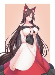 Rule 34 | 1girl, animal ear fluff, animal ears, bare shoulders, border, breasts, brown background, brown hair, closed eyes, closed mouth, dress, facing viewer, hashi2387, highres, imaizumi kagerou, large breasts, long hair, long sleeves, off-shoulder dress, off shoulder, smile, solo, tail, touhou, white border, white dress, wolf ears, wolf girl, wolf tail
