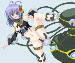 Rule 34 | 1girl, arcana force vii - the chariot, blush, breasts, censored, duel monster, freya, spirit of victory, korican, machine, open mouth, purple eyes, purple hair, rape, solo, torn clothes, yu-gi-oh!