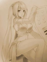 Rule 34 | 1girl, arcade sona, bad id, bad pixiv id, breasts, cleavage, detached sleeves, etwahl, hsuliherng, large breasts, league of legends, long hair, looking at viewer, midriff, monochrome, solo, sona (league of legends), star (symbol), traditional media, twintails, very long hair