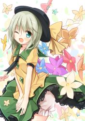 Rule 34 | 1girl, adapted costume, bloomers, bow, flower, green eyes, hat, hat bow, komeiji koishi, neckerchief, one eye closed, open mouth, puffy short sleeves, puffy sleeves, shirt, short sleeves, silver hair, skirt, smile, solo, third eye, touhou, underwear, v arms, wind, wind lift, yuuhagi (amaretto-no-natsu)