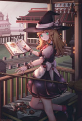 Rule 34 | 1girl, absurdres, apron, architecture, armband, artist name, ascot, black bow, black footwear, black hat, black skirt, black vest, blonde hair, blush, book, bow, braid, broom, building, chinese commentary, closed mouth, commentary, cross-laced footwear, east asian architecture, green eyes, hair bow, hat, hat ribbon, highres, kirisame marisa, lamp, leg up, long hair, looking at viewer, momotoori, mushroom, open book, pavement, puffy short sleeves, puffy sleeves, railing, red ascot, red socks, ribbon, rooftop, shirt, shoes, short sleeves, single braid, skirt, smile, socks, stairs, standing, standing on one leg, stone lantern, swept bangs, touhou, vest, waist apron, waist bow, water, white apron, white bow, white ribbon, white shirt, witch hat, wrist cuffs