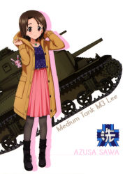 Rule 34 | 1girl, absurdres, boots, brown eyes, brown hair, casual, character name, coat, emblem, girls und panzer, highres, jewelry, m3 lee, military, military vehicle, motor vehicle, necklace, official art, ooarai (emblem), pantyhose, sawa azusa, skirt, tank