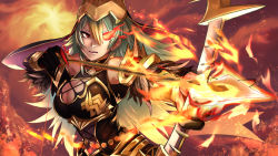 Rule 34 | 1girl, arrow (projectile), bare shoulders, black gloves, bow (weapon), breasts, cleavage, cleavage cutout, clothing cutout, dark skin, earrings, feather trim, fire, fire emblem, fire emblem heroes, flaming eye, gloves, green hair, hair between eyes, highres, holding, holding arrow, holding bow (weapon), holding weapon, jewelry, laegjarn (fire emblem), long hair, multicolored hair, nezumida yonekiti, nintendo, official alternate costume, orange hair, red eyes, solo, two-tone hair, weapon