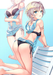 Rule 34 | 1girl, anastasia (idolmaster), arm support, armlet, ass, back, backless outfit, barefoot, beach chair, bikini, black bikini, blue eyes, bracelet, breasts, cleavage, crescent moon, from behind, halterneck, hamahama, head out of frame, head tilt, highres, hood, hood down, hoodie, idolmaster, idolmaster cinderella girls, jewelry, kneeling, large breasts, leaning forward, looking at viewer, looking back, medium breasts, medium hair, moon, multiple views, off shoulder, one eye closed, parted lips, see-through, short hair, side-tie bikini bottom, silver hair, smile, swimsuit, swimsuit cover-up, thigh gap