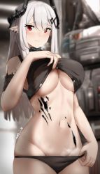 Rule 34 | 1girl, absurdres, arknights, bad id, bad pixiv id, bare shoulders, black choker, black panties, black shirt, blurry, breasts, choker, closed mouth, clothes lift, cowboy shot, depth of field, embarrassed, formal, groin, highres, horns, huge filesize, infection monitor (arknights), large breasts, lifted by self, long hair, looking at viewer, material growth, mudrock (arknights), navel, nvl, oripathy lesion (arknights), panties, pointy ears, red eyes, shirt, shirt lift, sidelocks, skindentation, sleeveless, sleeveless shirt, solo, stomach, suit, sweat, underboob, underwear, white hair