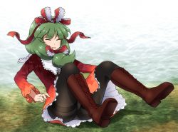Rule 34 | 1girl, adapted costume, black pantyhose, boots, breasts, brown footwear, commentary request, cross-laced footwear, day, dress, closed eyes, frills, front ponytail, grass, green hair, kagiyama hina, knees up, long hair, open mouth, outdoors, pantyhose, red dress, shirosato, sitting, small breasts, solo, thighband pantyhose, touhou, upskirt
