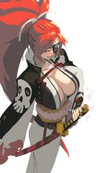 1girl amputee baiken big_hair breasts cleavage commentary english_commentary eyepatch guilty_gear highres katana open_clothes ponytail red_eyes samurai scar scar_on_face skull_print solo starhump sword weapon