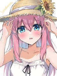 Rule 34 | 1girl, absurdres, artist name, blue eyes, blush, bocchi the rock!, brown hat, dress, flower, gotoh hitori, hair between eyes, hat, hat flower, highres, long hair, looking at viewer, one side up, open mouth, pink hair, signature, simple background, sleeveless, sleeveless dress, solo, straw hat, sunflower, upper body, wano (azayakam), white background, white dress, yellow flower