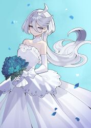 Rule 34 | 1girl, bare shoulders, blue background, bouquet, closed mouth, collarbone, dress, elbow gloves, falken (yutozin), flower, gloves, grey eyes, gundam, gundam suisei no majo, hair between eyes, highres, holding, holding bouquet, light smile, long hair, looking at viewer, miorine rembran, petals, simple background, smile, solo, wedding dress, white dress, white gloves, white hair