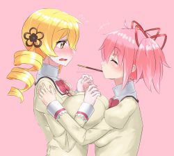 Rule 34 | 10s, 2girls, alternate breast size, asymmetrical docking, blonde hair, blush, breast press, breasts, drill hair, food, hair ornament, hair ribbon, hairpin, highres, huge breasts, kaname madoka, mahou shoujo madoka magica, mahou shoujo madoka magica (anime), mizuumi (bb), multiple girls, nervous, open mouth, pink hair, pocky, pocky kiss, ribbon, school uniform, shared food, short hair, short twintails, tomoe mami, twin drills, twintails, yellow eyes, yuri