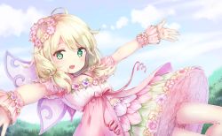 Rule 34 | 10s, 1girl, ahoge, arm cuffs, blonde hair, blush, cloud, cloudy sky, crop top, day, fairy wings, field, flower, flower skirt, frilled skirt, frills, grass, green eyes, hair flower, hair ornament, head wreath, highres, idolmaster, idolmaster cinderella girls, idolmaster cinderella girls starlight stage, layered skirt, leaning back, looking at viewer, low twintails, medium hair, open mouth, outdoors, outstretched arms, pink ribbon, pink shirt, purple wings, ribbon, shirt, short twintails, skirt, sky, solo, spaghetti strap, swept bangs, tareme, todo-akira, too many, too many frills, twintails, wings, wrist cuffs, yusa kozue