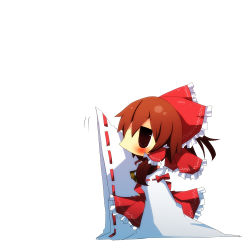 Rule 34 | 1girl, bad id, bad pixiv id, blush, bow, brown hair, chibi, female focus, hair bow, hakurei reimu, jitome, lowres, outstretched arm, pasutel, profile, reaching, simple background, sleeves past wrists, solo, touhou, wide sleeves