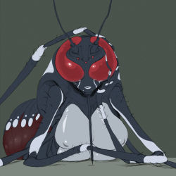Rule 34 | 1girl, antennae, arthropod girl, bad id, bad pixiv id, breasts, bug, compound eyes, extra breasts, fly, furry, furry female, head rest, highres, insect, large breasts, lying, monster girl, mosquito, on stomach, personification, red eyes, solo, spacezin