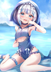 Rule 34 | 1girl, animal hood, arm strap, bare arms, bare legs, bikini, blue bikini, blue choker, blue eyes, blue hair, blush, choker, finger in own mouth, fins, fish tail, frilled bikini, frills, gawr gura, hair ornament, highres, hololive, hololive english, hood, hood up, hooded swimsuit, looking at viewer, multicolored hair, one-piece swimsuit, one side up, shark hair ornament, shark hood, shark tail, sharp teeth, sitting, solo, streaked hair, swimsuit, tail, teeth, thigh strap, upper teeth only, virtual youtuber, wariza, white hair, yuano