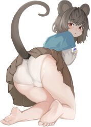 Rule 34 | 1girl, absurdres, animal ears, ass, ass focus, barefoot, blue capelet, blush, cameltoe, capelet, clip studio paint (medium), commentary request, full body, grey hair, grey skirt, grey vest, highres, lenserd, long sleeves, looking at viewer, looking back, mouse ears, mouse girl, mouse tail, nazrin, open mouth, paid reward available, panties, red eyes, shirt, short hair, simple background, skirt, soles, solo, tail, touhou, underwear, vest, white background, white panties, white shirt