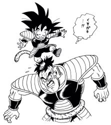 Rule 34 | 2boys, :d, alternate universe, armor, arms at sides, black eyes, black hair, clenched teeth, dragon ball, dragon ball super, dragon ball super broly, facial hair, fingernails, frown, greyscale, height difference, highres, lee (dragon garou), looking at another, looking down, looking up, male focus, monochrome, multiple boys, mustache, nappa, nervous, open mouth, outstretched arms, scouter, short hair, simple background, smile, son goku, spiked hair, standing, standing on one leg, standing on person, sweatdrop, tail, teeth, thought bubble, translation request, upper body, white background, aged down