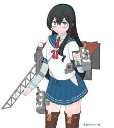 Rule 34 | &gt;:), 1girl, :&gt;, aircraft catapult, bare hips, black hair, blue sailor collar, blue skirt, brown thighhighs, cowboy shot, geometrie, green eyes, green hairband, hairband, hip vent, kantai collection, layered sleeves, long hair, looking at viewer, machinery, miniskirt, necktie, ooyodo (kancolle), pleated skirt, radio antenna, red necktie, ribbon-trimmed thighhighs, ribbon trim, sailor collar, school uniform, semi-rimless eyewear, serafuku, simple background, skirt, solo, standing, thighhighs, under-rim eyewear, white background