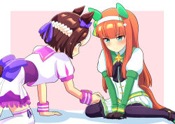 Rule 34 | 2girls, animal ears, back bow, black pantyhose, border, bow, brown footwear, brown gloves, brown hair, commentary, duplicate, ear bow, gloves, highres, hime cut, horse ears, horse girl, horse tail, jacket, kneeling, loafers, long hair, long sleeves, multicolored hair, multiple girls, orange hair, pantyhose, pink background, pixel-perfect duplicate, purple bow, shoes, short hair, short sleeves, silence suzuka (umamusume), special week (umamusume), streaked hair, tail, thighhighs, umamusume, white border, white jacket, white thighhighs, whitelily bread, wrist cuffs