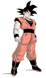 Rule 34 | 1boy, ankle boots, arms at sides, artist name, black eyes, black footwear, black hair, black sash, black shirt, black wristband, boots, clenched hands, closed mouth, dougi, dragon ball, dragonball z, facing viewer, fenyon, full body, hair strand, highres, legs apart, looking afar, male focus, muscular, muscular male, obi, pectorals, rope, sash, serious, shadow, shirt, short sleeves, simple background, solo, son goku, spiked hair, standing, undershirt, white background, wristband