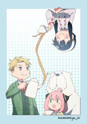 Rule 34 | 1boy, 2girls, :&gt;, anya (spy x family), artist name, blush stickers, bond (spy x family), closed eyes, coat, commentary request, cup, dog, father and daughter, formal, green suit, hairband, hairpods, highres, holding, holding cup, holding kettle, kamimiya, kettle, multiple girls, necktie, red necktie, sidelocks, smile, spill, spy x family, suit, teacup, twilight (spy x family), upside-down, white hairband, yor briar