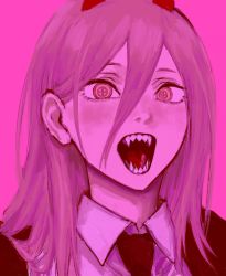 Rule 34 | 1girl, chainsaw man, collared shirt, hair between eyes, highres, horns, long hair, looking at viewer, open mouth, pink background, pink theme, power (chainsaw man), raberu ruru, red horns, sharp teeth, shirt, simple background, solo, target, teeth